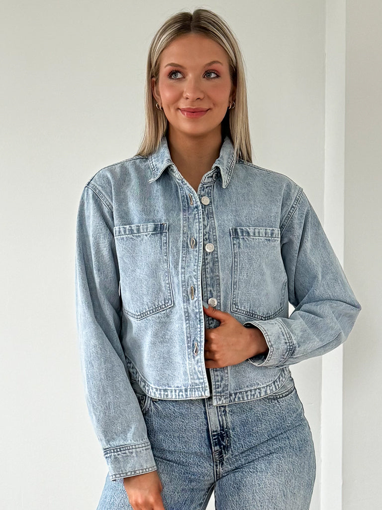 Cropped denim jacket light on sale blue